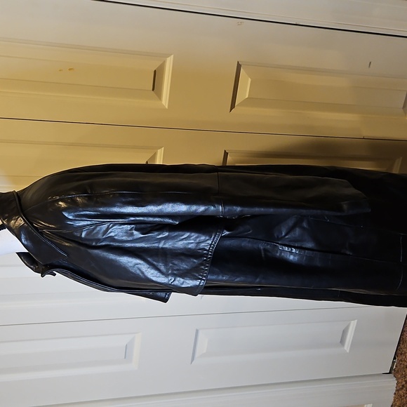 Vintage Reed Elegant Black Leather Coat Trench S Long Buttons - Picture 7 of 12